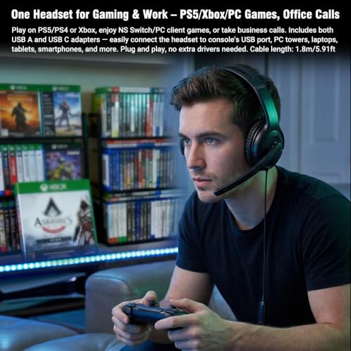 Joso Wired Headset with Mic, Dual Ear Headset for PS5/PS4/Xbox/Switch/PC/iPad/Mac/Tablet with with USB C & USB-A Adapter - Chat Headphone, Business, Coach, Gaming, Working