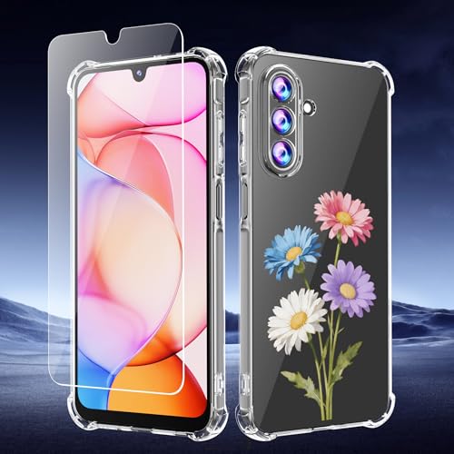 Phone Case for Samsung Galaxy A17 5G Case, Samsung A17 5G Case with Tempered Glass Screen Protector, Soft Flexible TPU Slim Fit Shockproof Phone Cover for Women Men Girl Boy (Clear-Daisy) - color: Clear-Daisy