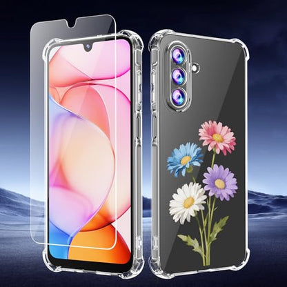 Phone Case for Samsung Galaxy A17 5G Case, Samsung A17 5G Case with Tempered Glass Screen Protector, Soft Flexible TPU Slim Fit Shockproof Phone Cover for Women Men Girl Boy (Clear-Daisy) - color: Clear-Daisy