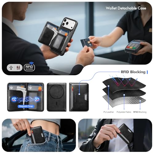 Antsturdy Compatible with MagSafe iPhone 17 Pro Wallet Case,Black | 2 in 1 Detachable Magnetic,Credit Card Holder Slots,RFID Blocking,PU Leather,Kickstand,Flip Folio Phone Cover for Men & Women - color: Black, size: iPhone 17 Pro - 6.3"