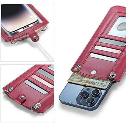 Small Crossbody Bag Cell Phone Purse for Women Men Leather Mini Shoulder Bag Wallet Case with Card Holder Slot Necklace Lanyard for All phones iPhone Samsung Google up to 7.3" Red - color: Red