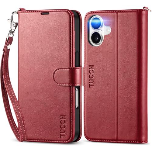 TUCCH Wallet Case with Wrist Strap for iPhone 16 (6.1") 2024, Dark Red | 4 Card Holders, RFID Blocking, Viewing Stand, Shockproof TPU Shell, PU Leather, Magnetic Closure, Folio Flip Cover - color: Strap - Dark Red