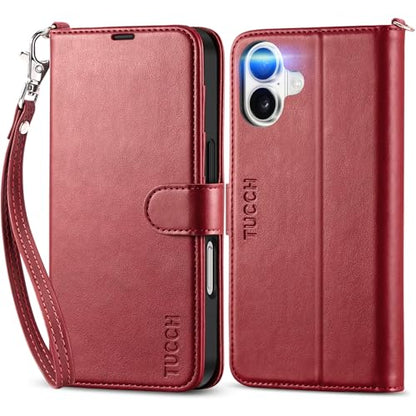 TUCCH Wallet Case with Wrist Strap for iPhone 16 (6.1") 2024, Dark Red | 4 Card Holders, RFID Blocking, Viewing Stand, Shockproof TPU Shell, PU Leather, Magnetic Closure, Folio Flip Cover - color: Strap - Dark Red