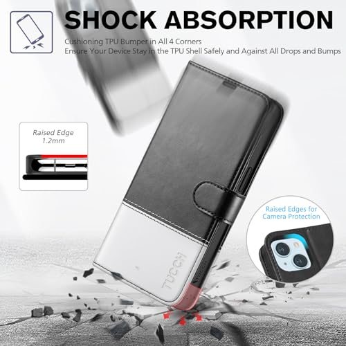 TUCCH Case Wallet for iPhone 15 (6.1"), RFID Blocking Folio, Black & White | 4 Card Holders, Kickstand, PU Leather, Magnetic Closure, Shockproof TPU Shell, Protective Flip Cover - color: Black & White
