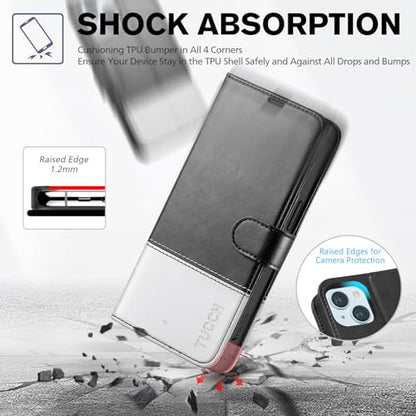 TUCCH Case Wallet for iPhone 15 (6.1"), RFID Blocking Folio, Black & White | 4 Card Holders, Kickstand, PU Leather, Magnetic Closure, Shockproof TPU Shell, Protective Flip Cover - color: Black & White
