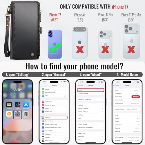 Defencase for iPhone 17 Wallet Case with RFID Blocking Card Holder, Black | Durable Soft PU Leather, with Zipper Pocket, Wrist Strap, Fashion Snap Flip Phone Cases Cover with Stand for Women and Men - color: Black