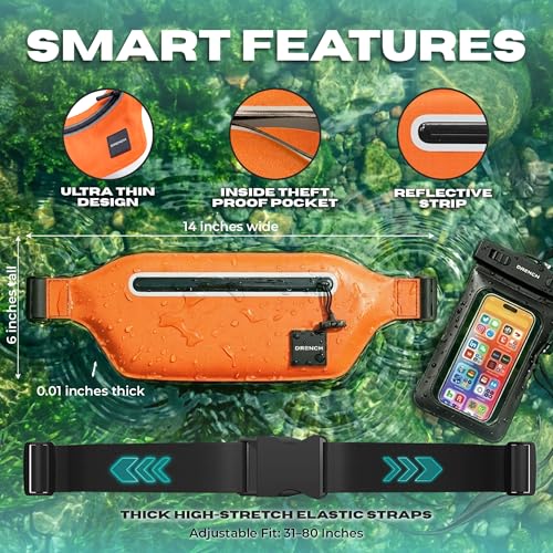 DRENCH kayaking and paddleboarding gear – Orange + Yellow Waterproof Fanny Pack Bundle, 2 Submersible Phone Pouches + Floating Cases