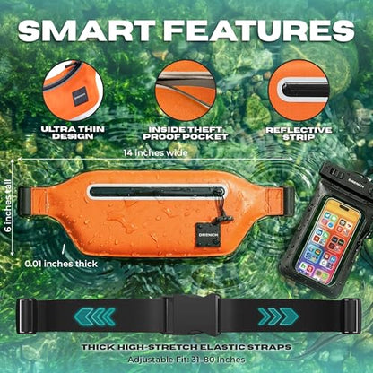 DRENCH kayaking and paddleboarding gear – Orange + Yellow Waterproof Fanny Pack Bundle, 2 Submersible Phone Pouches + Floating Cases