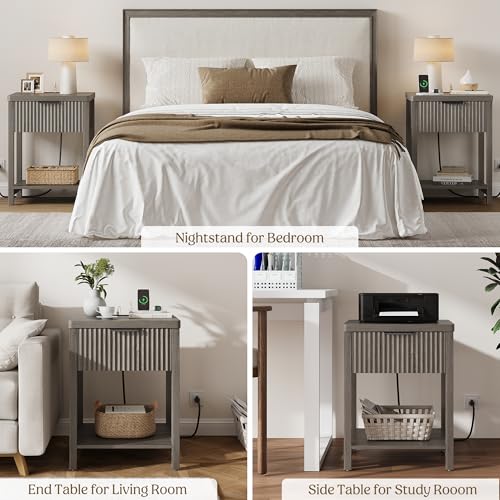 Night Stand Set 2, Fluted Wood Nightstands w/Charging Station for Bedroom - color: Dark Grey, size: 1 Drawer-Set of 2 Nightstand