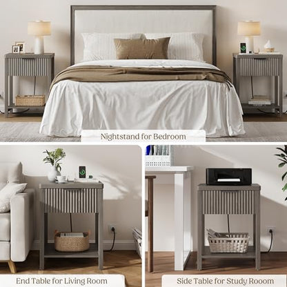 Night Stand Set 2, Fluted Wood Nightstands w/Charging Station for Bedroom - color: Dark Grey, size: 1 Drawer-Set of 2 Nightstand