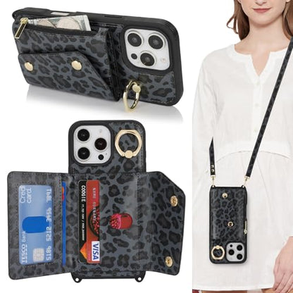 Lipvina Crossbody Wallet Case for iPhone 16 Pro Max,Black Leopard - color: 04-Black Leopard, size: iPhone 16 Pro Max 6.9"