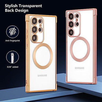 RALEAVO Magnetic Case for Samsung Galaxy S24 Ultra Clear Case Cover [Compatible with Magsafe & Military Grade Drop Protection] Transparent Shockproof Slim Plated Phone Cover - Gold - color: Gold, size: S24 Ultra