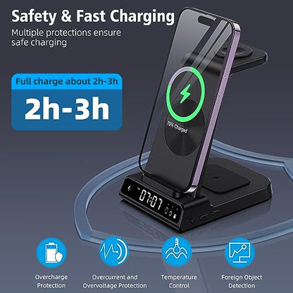 Wireless Charging Station, YiJYi 3 in 1 Watch Charger Stand with Digital Clock Suitable for iWatch SE/6/5/4/3/2/1,AirPods Pro, for iPhone 16/15/14/13/12/11 Pro Max/XS/XR/X/8/Samsung S23/S22/S21