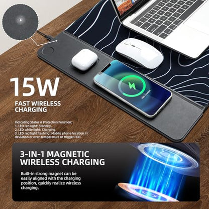 VOVIPO 3 in 1 Wireless Charging Mouse Pad, Gift for Dad/Office Manager,Wireless Charger Compitable with iPhone/Watch/airpods. Wireless Charging Desk Mat 90 x 40cm,Black Topographic Computer Desk Pad - color: Black Topographic