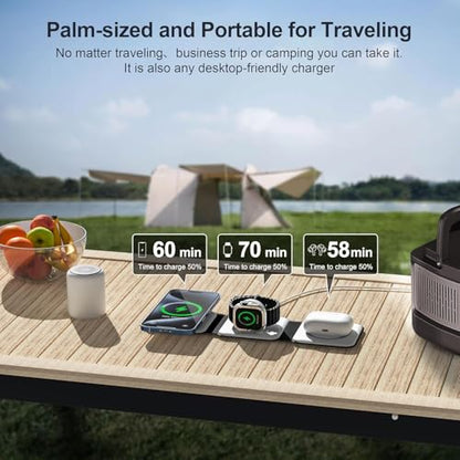 3 in 1 Charging Station for Multple Devices,Foldable 3 in 1 Wireless Charger for Travel,Nano Wireless Charging Station for iPhone16 15 14 13 12 Pro Max/Watch 10 9 8 7 6 5 4 3 Ultra/AirPod Pro - color: moon white