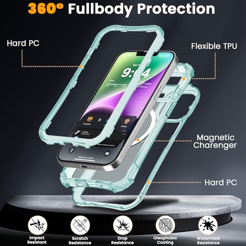 WRJ Magnetic Clear for iPhone 13 Case,iPhone 14 Case,[Compatible with MagSafe][Military Grade Drop Protection] Transparent Full Body Shockproof Protective Phone Case-Jade Green - color: Jade Green, style: Transparent