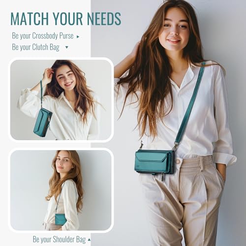 Strapurs Crossbody Wallet Case Compatible with Samsung Galaxy Z Fold 4 with RFID Blocking Card Holder & Pen Holder Slot Soft PU Leather Shoulder Strap Zipper Pocket Purse Fold 4 Phone Case, Blue Green | RFID Blocking 5-Card Holder, Shoulder Lanyard, Wirst