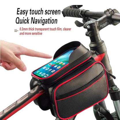 Bicycle Front Frame Bag with Touchscreen Phone Holder, Waterproof, Carbon Patterned Fabric, Top Tube Cycling Pouch(Upgrade Red) - color: Upgrade Red