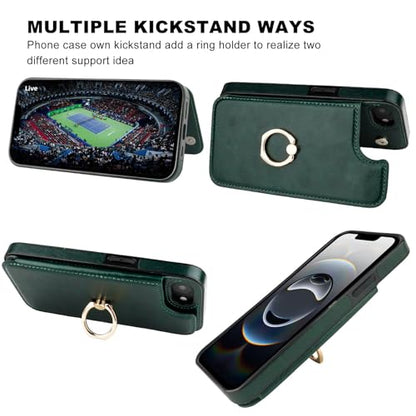 ONETOP for iPhone 17e/16e Wallet Case with Credit Card Holder,Green | 360° Rotation Ring Kickstand,Finger Grip,Double Magnetic Clasp,RFID Blocking PU Leather Shockproof Cover for Women Men - color: Green