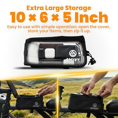 AMYET WB01 Large Waterproof Bike/Bicycle Phone Front Frame Bag,Water-resistant Tube Bag Phone Holder with Touchscreen & Storage,Cycling Pouch, Navigation Bike Accessories for Phone Under 7", Black