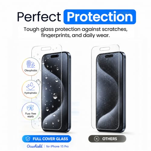 Ocushield Anti Blue Light Tempered Glass Screen Protector of for iPhone 15 Pro (6.1") – Blocks Blue Light, Prevents Eye Strain & Helps You Sleep Better, 9H Hardness & Case Friendly | Fits 6.1 inch display. 9H tempered glass blocks UV & blue light. Anti-ba