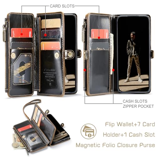 Defencase for Samsung Galaxy S25 Wallet Case with RFID Card Holder, Coffee | Durable Soft PU Leather, with Zipper Pocket, Wrist Strap, Fashion Snap Flip S25 Phone Cases Cover with Stand for Women Men - color: Coffee