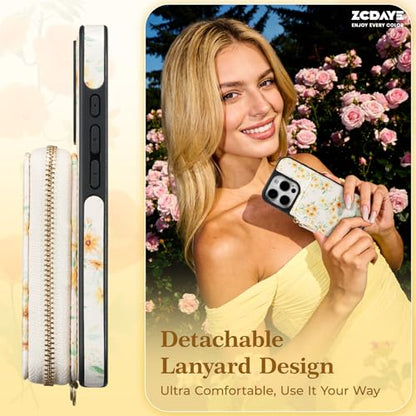 ZCDAYE Zipper Crossbody Wallet Case for iPhone 15 Pro Max, Sunflower | Flip Folio PU Leather, Practical Card Holder, Adjustable Lanyard Strap, RFID Blocking, Warm Sunflower Girly Phone Case - color: Sunflower, size: iPhone 15 Pro Max