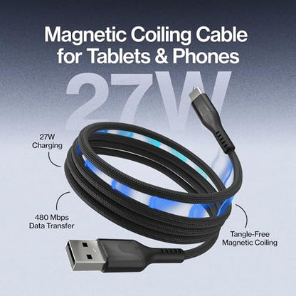 Statik MagStack USB A to USB C Coiling Magnetic Charging Cable, 27W - color: Black, size: 6ft, style: USB-A to USB-C