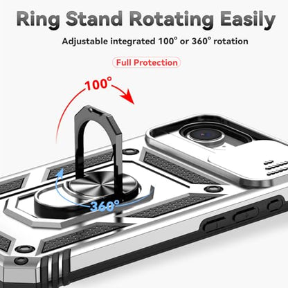 for iPhone 17E / iPhone 16E Case, with Camera Lens Cover HD Screen Protector, Dual Layer Military-Grade Drop Tested Magnetic Ring Holder Kickstand Protective Phone Case for iPhone 16E / 17E (Silver) - color: Silver with camera cover Military-Grade 2nd gen