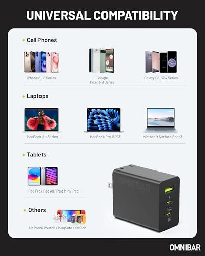 65W USB C Charger Block, 3-Port GaN Fast Wall Charger, Black - color: Black