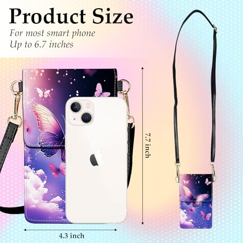 Small Crossbody Bags for Women Touchscreen Cell Phone Bag Cross Body Purses with adjustable Strap,Gifts For Teenage Girls - color: Purple Butterflies Blue Sky
