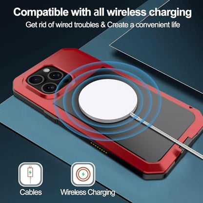 for iPhone 16 Pro Max Metal Case 6.9",Heavy Duty Shockproof Aluminum Alloy Tough Armour Military Phone Case,360 Full Body Protective Cover with Silicone Built-in Screen Protector - Red - color: Red