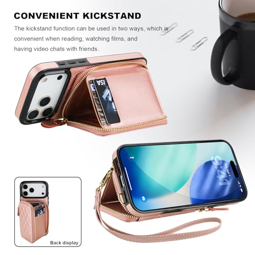 Bocasal Crossbody Wallet Case Card Holder for iPhone 17 Pro Max Rose Gold | RFID Blocking PU Leather Zipper Handbag Purse, Kickstand Flip Folio Case with Card Slots Holder Wrist Strap Lanyard 6.9 Inch - color: Rose Gold