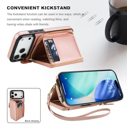 Bocasal Crossbody Wallet Case Card Holder for iPhone 17 Pro Max Rose Gold | RFID Blocking PU Leather Zipper Handbag Purse, Kickstand Flip Folio Case with Card Slots Holder Wrist Strap Lanyard 6.9 Inch - color: Rose Gold