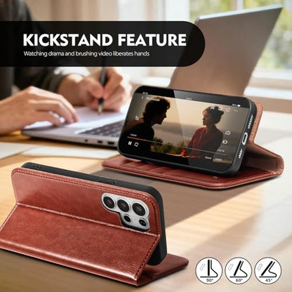 Compatible with Samsung Galaxy S25 Ultra Case Wallet with Card Holder [4 Card Slots] Kickstand [RFID Blocking] PU Leather Phone Case Flip Folio Protective Cover TPU Shockproof,Brown - color: Brown, size: Samsung Galaxy S25 Ultra