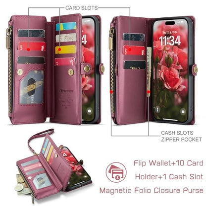Defencase for iPhone 14 Plus Wallet Case with RFID Card Holder, Wine Red | Durable Soft PU Leather, with Zipper Pocket, Wrist Strap, Fashion Snap Flip Phone Cases Cover with Stand for Women and Men - color: Wine Red