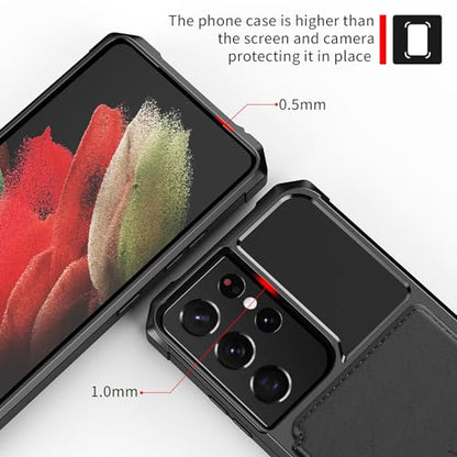 for Samsung Galaxy S21 Ultra Case with Card Holder, Compatible with Magnetic Car Mount, Heavy Duty Shockproof Rugged Soft TPU Back Leather Flip Wallet Cover 6.8 inch, Black | Compatible with Magnetic Car Mount, Shockproof Rugged Soft TPU Hard Back Leather