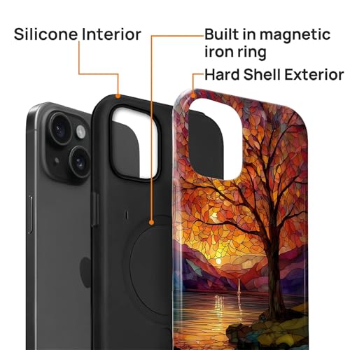 Magnetic Phone Case for iPhone 15,Compatible with MagSafe,Durable 2 Layers Full Covered Shockproof Protective Cover-Stained Glass Sunrise Fall Leaves - color: Stained Glass Sunrise Fall Leaves, size: iPhone 15