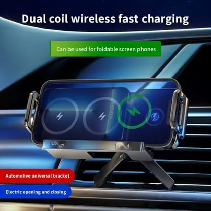 Automatic Dual Coil Wireless Car Charger for iPhone Samsung Galaxy Z Fold 4 3 2 Flip 4 3 Phone Holder Car Fast Charging Station (Black)