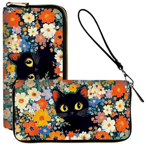 Ladies Wallet,Clutch Purses for Women Wallets Leather Credit Card Holder for Women Wristlet Slim Small Cute with Zipper,Thin RFID Blocking with Wrist Strap,Flower Black Cat - color: Flower Black Cat