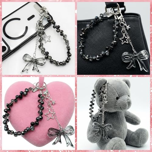 Crystal Beaded Phone Wrist Strap, Cute Cellphone Lanyard Chain, Bow Keychain Wristlet Bag Charms for Women - color: Bow/Black