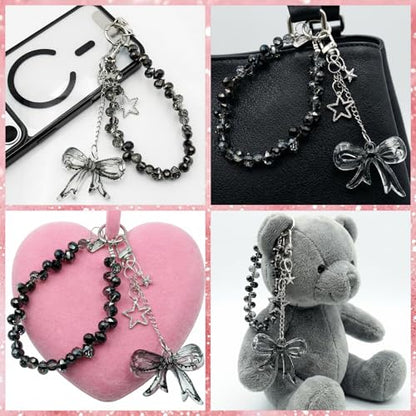 Crystal Beaded Phone Wrist Strap, Cute Cellphone Lanyard Chain, Bow Keychain Wristlet Bag Charms for Women - color: Bow/Black
