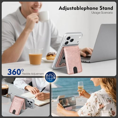 RFID Blocking MagSafe Wallet Stand with Card Holder,5 Card Slots & ID Window,PU Leather Magnetic Phone Adjustable Kickstand for iPhone 12/13/14/15/16/17 Pro Max & Air Plus Series,Rose Gold - color: Rose Gold, style: Stand Wallet