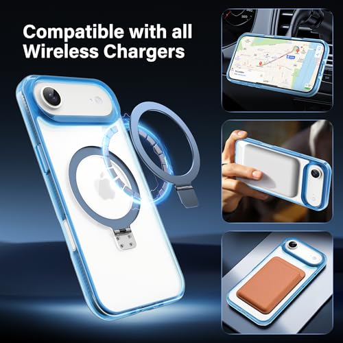 Magnetic Case for iPhone Air - [Built-in Invisible Stand] [Compatible with MagSafe] [Military Grade Drop Protection] Anti-Yellowing Hard Back Silicone Edge Cover, 6.5", Clear Blue - color: Clear Blue, size: iPhone Air 6.5''