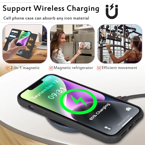 for Wallet Case Compatible with iPhone 15,Multi-Function Detachable 2 in 1 Magnetic iPhone 15 Wallet,Flip Strap Zipper Card Holder Phone Case with Shoulder Straps (Black) - color: Black, size: iPhone 15