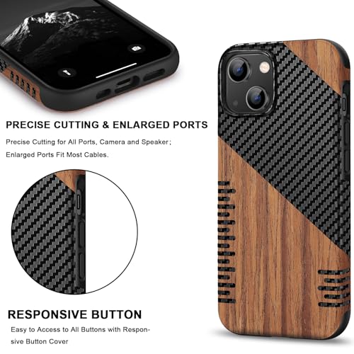 TENDLIN Magnetic Case Compatible with iPhone 14 Case Wood Grain with Carbon Fiber Texture Design Leather Hybrid Slim Cover (Compatible with MagSafe) Twill - color: Magnetic Twill, size: iPhone 14