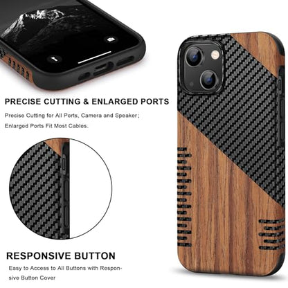 TENDLIN Magnetic Case Compatible with iPhone 14 Case Wood Grain with Carbon Fiber Texture Design Leather Hybrid Slim Cover (Compatible with MagSafe) Twill - color: Magnetic Twill, size: iPhone 14