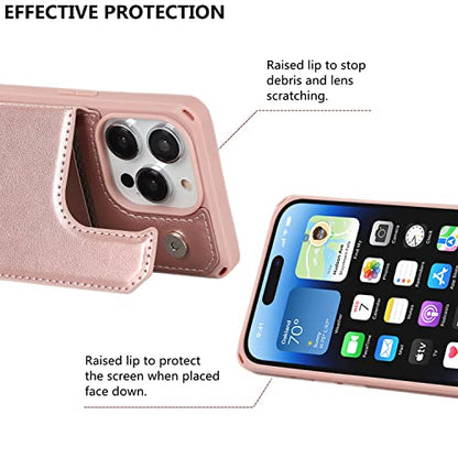 iCoverCase Compatible with iPhone 14 Pro Max Wallet Phone Case with Card Holder for Women, RFID Blocking Embossed PU Leather Wrist Strap Case 6.7 Inch (Macaron Rose Gold) - color: P-Rose Gold