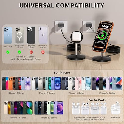 Magnetic Wireless Charging Station,25W Fast Charger 6FT Mag safe Wireless Station Pad,Magnetic Mag-Safe 360° Charger Stand for iPhone 17/17 Pro/Air/17 Pro Max/16 Pro Max/15/14/13/12, AirPods Pro 2/3/4 - color: Black