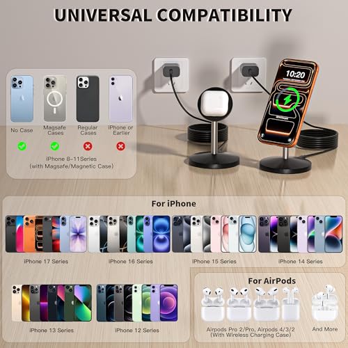 Magnetic Wireless Charging Station,25W Fast Charger 6FT Mag safe Wireless Station Pad,Magnetic Mag-Safe 360° Charger Stand for iPhone 17/17 Pro/Air/17 Pro Max/16 Pro Max/15/14/13/12, AirPods Pro 2/3/4 - color: Black